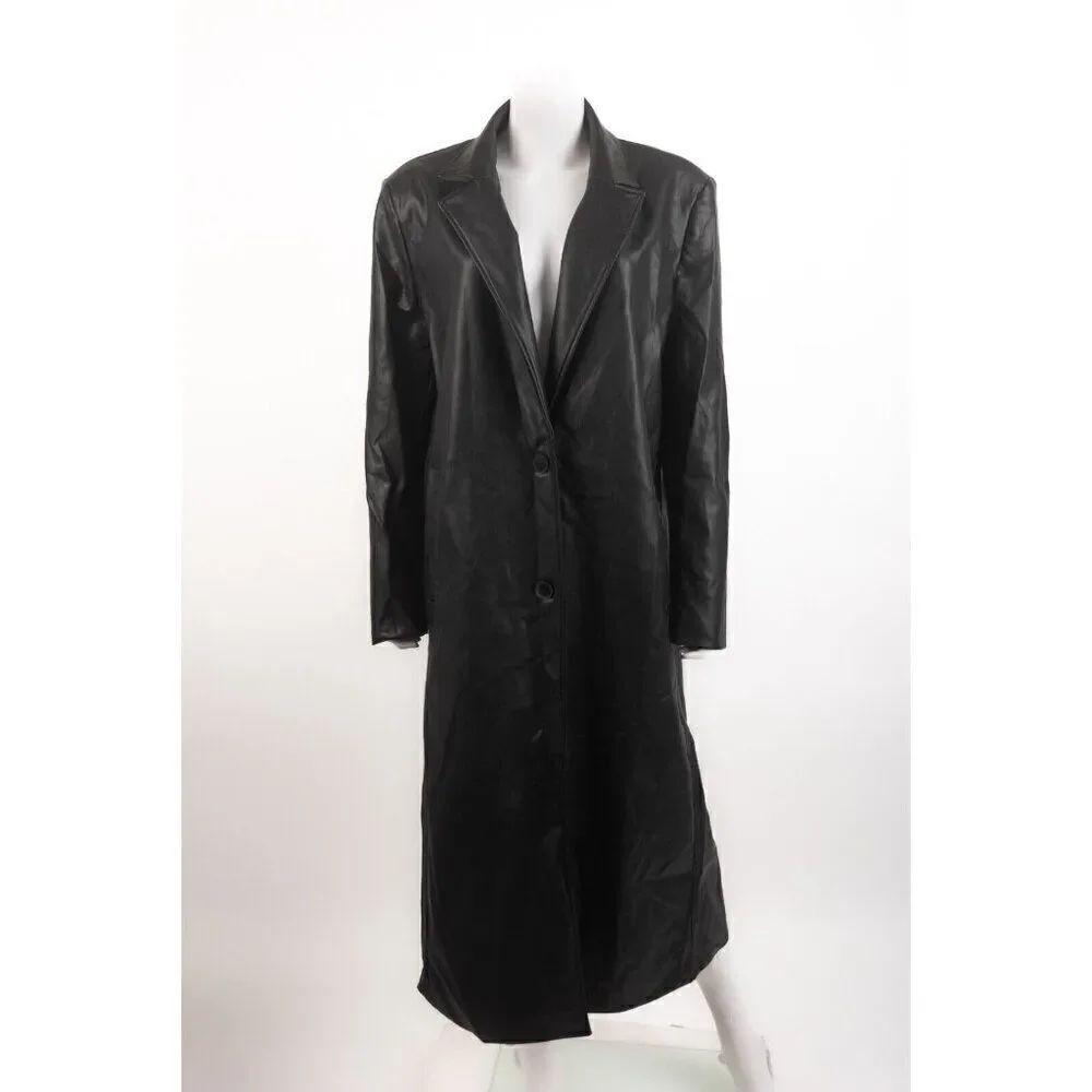 Zara Womens Black Faux Leather Trench Coat Jacket Long XL 4661/816 No belt NWT